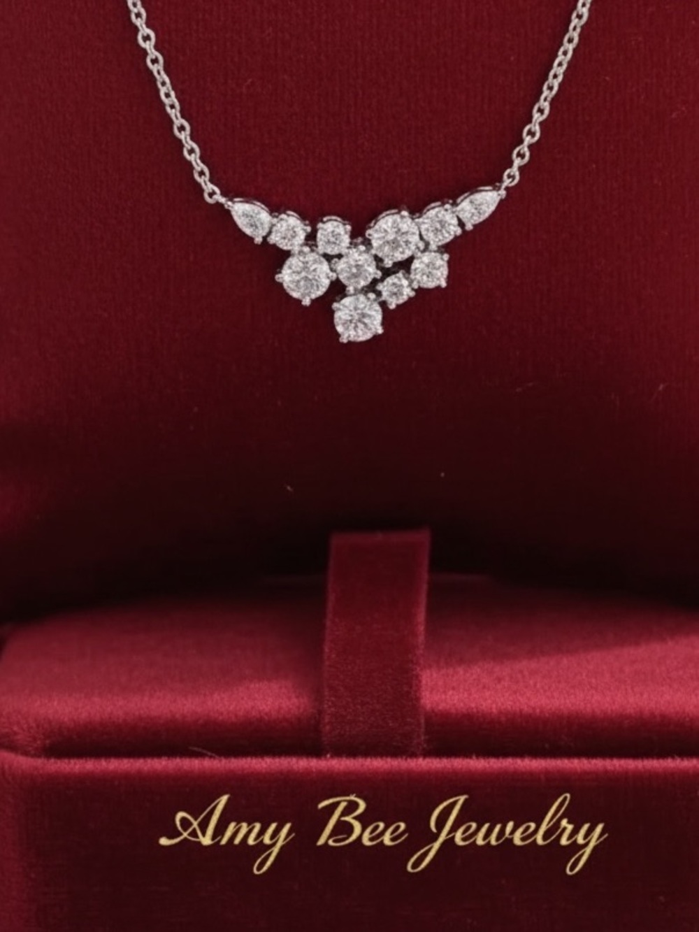 Starry Night White Gold Plated Cluster Necklace - Sparkling White CZ Pendant. - Picture 3 of 8